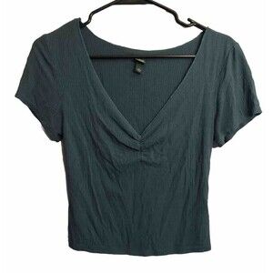 Wild Fable Short Sleeve Turquoise Ribbed  Cropped Top V-neck Small